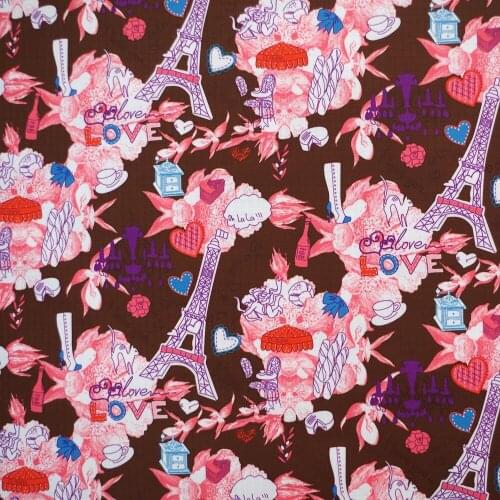 1 yard Polyester/PVC coated Waterproof Fabric for bag, handmaking, Tower and flower on Chocolate Background (width=140cm)
