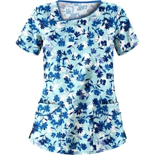 Women Summer Printed T-shirt Plus Size Sport Loose Casual Home T Shirts Short Sleeve Working Uniform Top Tees with Pockets S-3XL