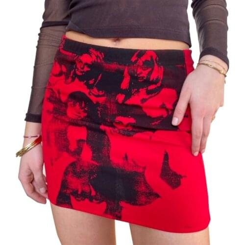 H9ED Women Summer Sexy Low Waist Bodycon Mini Pencil Skirt Goth Punk Harajuku Abstract Facial Portrait Print Package Hip Party