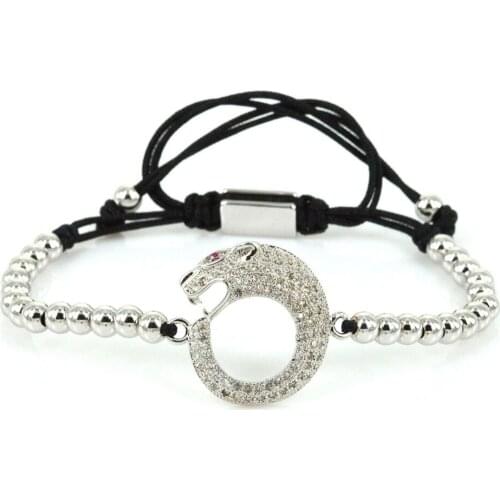 2017 Women Accessories Bracelets Wolf Leopard Head Animal Charm Bracelet Micro Pave Clear Zircon Silver Plated Macrame Bangles
