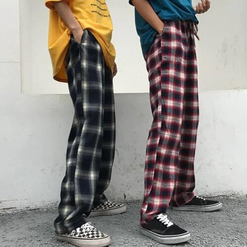 YouGeMan Pantalon Femme 2020 Woman Spring Summer Korean Ulzzang Harajuku Drawstring Plaid Straight Pants Women Black Trousers