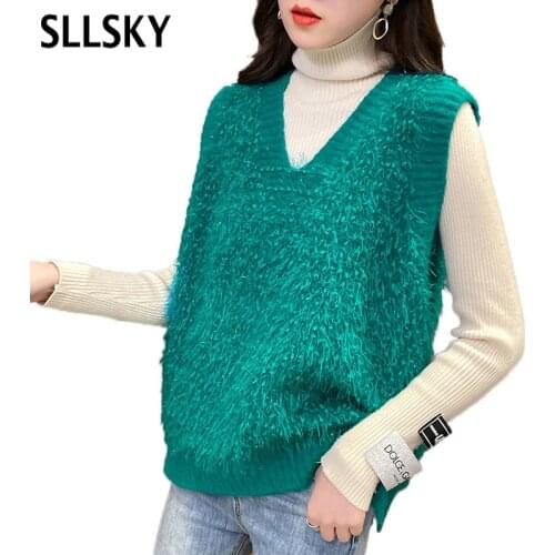 Sllsky Solid Color Casual Women Sweater Vest Sweet V-Neck Loose Pullovers 2020 Spring Autumn Sleeveless Bright silk Vest Tops