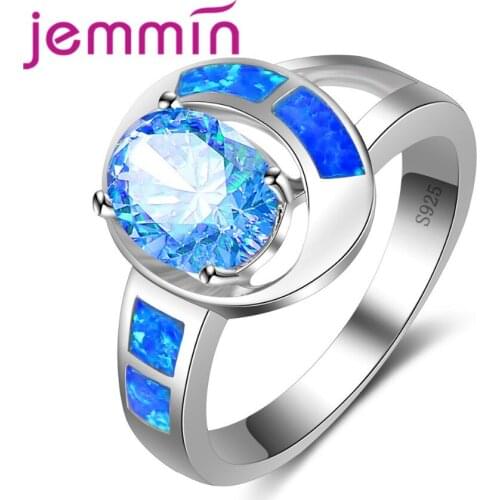 New 925 Sterling Silver Wedding Party Rings for Women Blue Crystal Blue Opal Ring Jewelry Bridal Ring Size 6 7 8 9