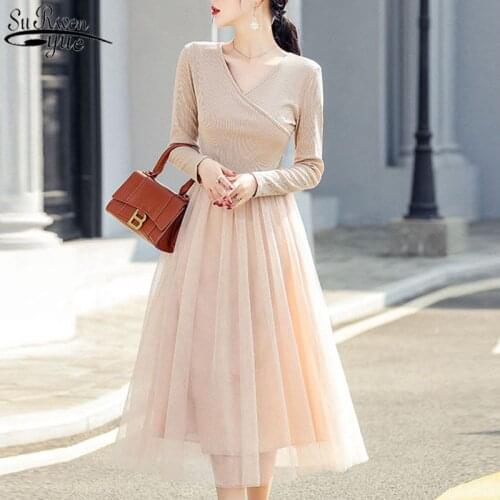 Stitching Fake Two Pieces of Medium-length Inner Mesh Dress Elegant Dresses for Women Knit Bottom Dress Female Vestido 13275