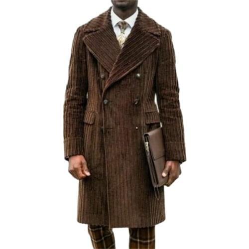 Winter Brown Corduroy Suits Custom Made Men Suits Double Breasted Tuxedos Peaked Lapel Blazer Business Long Coat