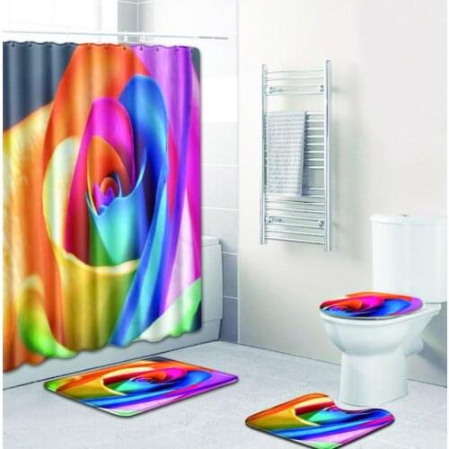 4pcs Natural Pattern red Rose Red Flower Polyester Bathroom Shower Curtain With Anti-Slip Bath Mat Carpet Set Washable Curtains