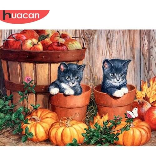 HUACAN Diamond Painting Full Drill Pumpkin Scenery Embroidery Mosaic Cat Animal Pot Cross Stitch Home Decor