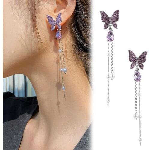Shiny Butterfly Rhinestone Drop Earrings For Women Elegant Pearl Dangle Tassel Earring Female Party Fashion Jewelry Ornaments