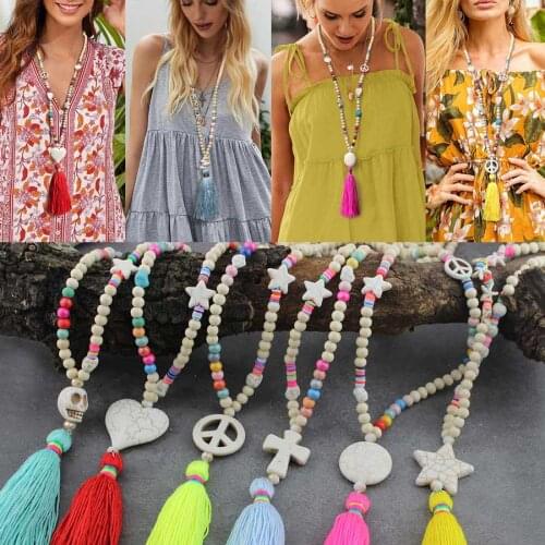 Bohemia Ethnic Handmade Summer Beach Wood Beaded Shell Necklace Boho Colorful Tassel Long Beads Necklace for Women Vintage