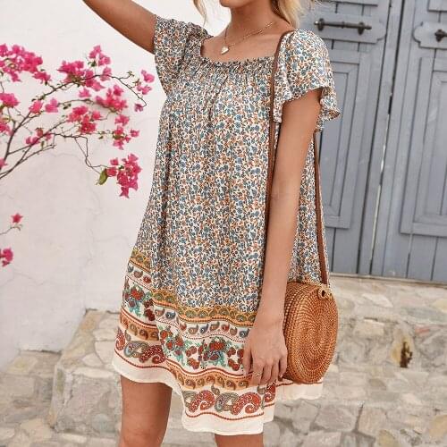 Bohemian Holiday Dress Women One-Neck Short-Sleeved Floral Dresses For Ladies 2021 Summer New Fashion Loose Pullover Mini Dress