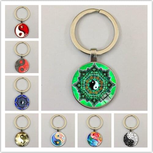 New Cool Taiji Bagua Charm Glass Cabochon Dome Keychain Fashion Jewelry Key Ring Lucky Key Holder for Men