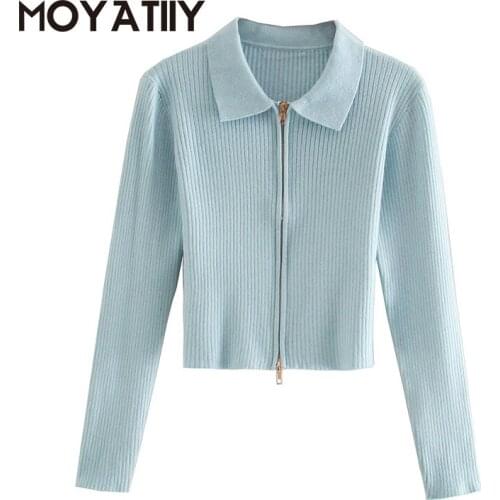 MOYATIIY Fashion Women Sweaters Spring Autumn Kintted Solid Slim Cardigan Creative Double Zipper Outwear Turn Collar Female Top
