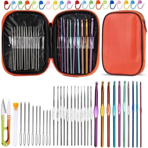 LMDZ 54Pcs Crochet Hook Ergonomic Knitting Needles Cross Stitch Craft Markers Sewing Accessories Tool with Storage Case
