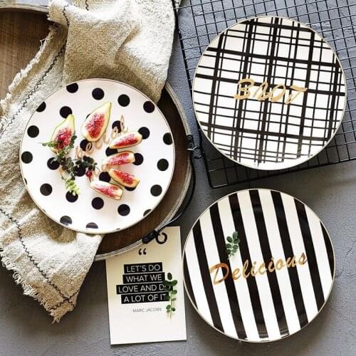 Pratos de jantar kawaii plate plate set Black and white breakfast dessert plate fruit plate 8 inch Striped geometric shape plate
