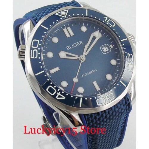 BLIGER Band Luxury Mechanical Automatic Mens Watch With Date Window 41mm Wristwatch Blue Rubeer Strap Blue Smooth Dial
