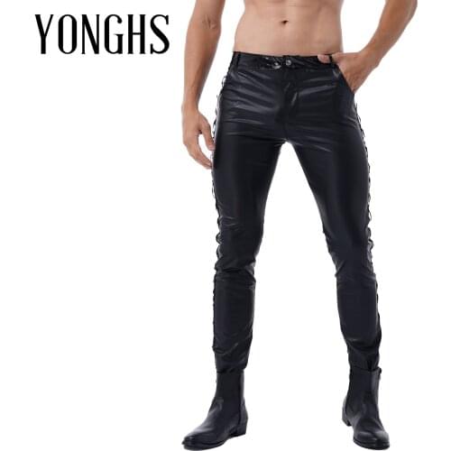 Mens Fashion Shiny Pants Motor Biker Pants Faux Leather Clubwear Leggings Low Waist Tight Trousers for Club Band Performance