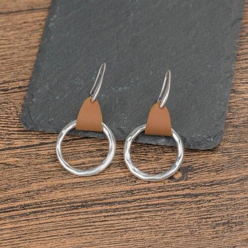 ZWPON 2019 New Leather Dangle Circle Earrings for Women Trendy Hammered Round Earrings Jewelry Gift For Her Accessories