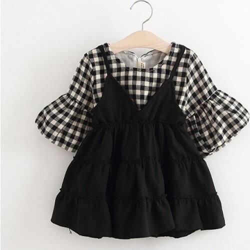 2020 New Girls Plaid Dress Spring Childrens Clothing Korean Three Quarter Version of The Lattice Dress Lovely Baby Clothings