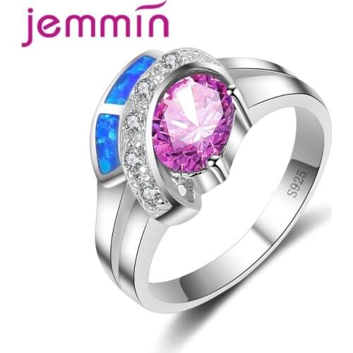 New Fashion Rainbow Opel Ring Irregular Shape Blue and Purple Crystal Stone 925 Sterling Silver Ring Women Bijoux