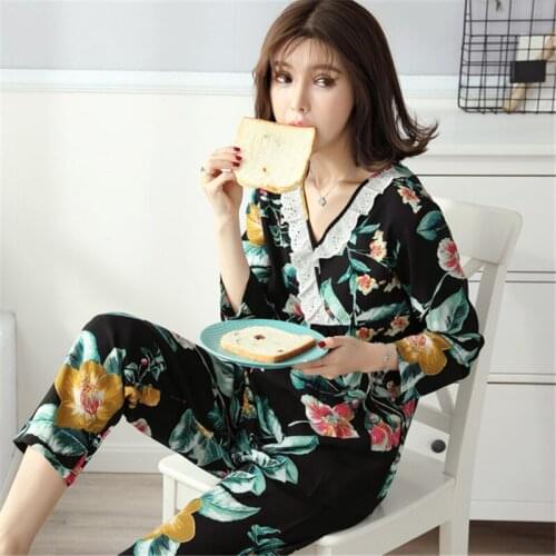 Pajamas set lace edge 2020 summer new cotton pijamas ladies plus size (long sleeves + trousers) black sexy home service loose