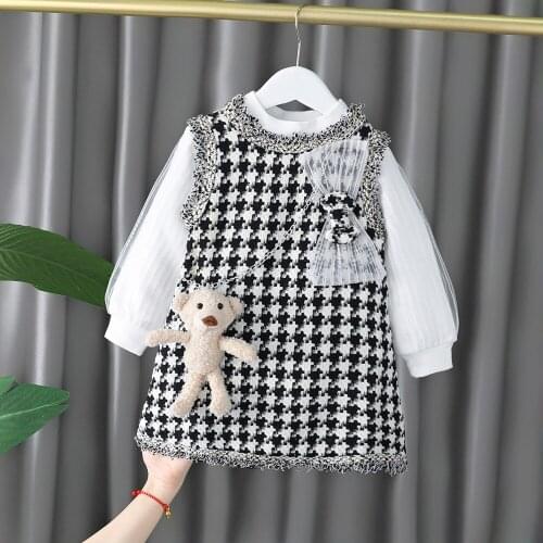 Baby Girl Dress Clothing Set Sweaters + Plaid Dress + Cute Bear Kids Girls Spring Autumn Elegant Suits Children Clothes Wear