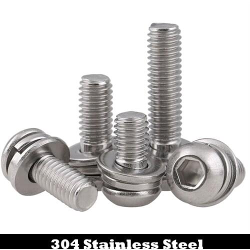 M4 M4*6/8/10/12/16/20 M4x6/8/10/12/16/20 304 Stainless Steel ss Plain Spring Washer Hex Hexagon Socket Round Head Screw Assembly