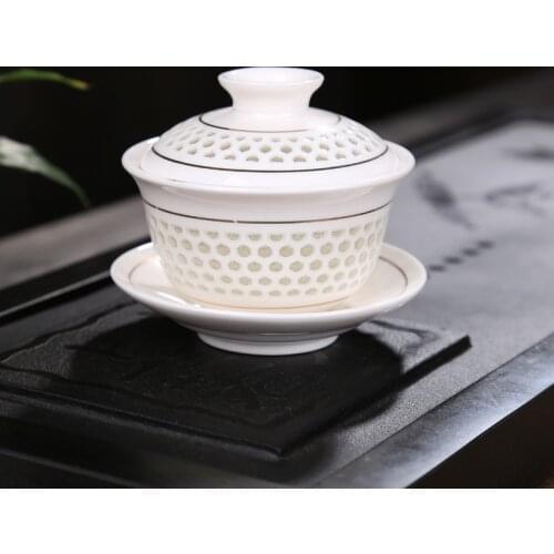 Hollow-carved Porcelain Gaiwan Ceramic Tureen Tea cup Ceremony for Puer/Pu'erh/white/black/green/Jinxuan/Oolong/green tea cha