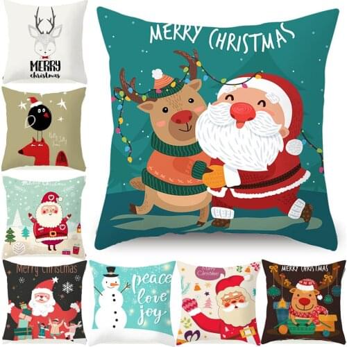 Merry Christmas Cushion Cover Cartoon Santa Claus Deer Pillow Case White Polyester Sofa Pillowcase Decoration 45X45cm