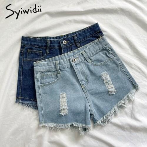 Syiwidii Womens High Waisted Denim Shorts Jean Ripped Summer Clothing Fashion 2021 Sky Blue Hollow Out Tassel Solid Hole Sweat