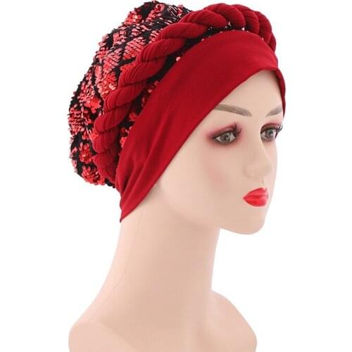 Braids Sequins Turban Cap for Women African Autogele Headtie Female Head Wraps Turbante Mujer Muslim Headscarf Bonnet