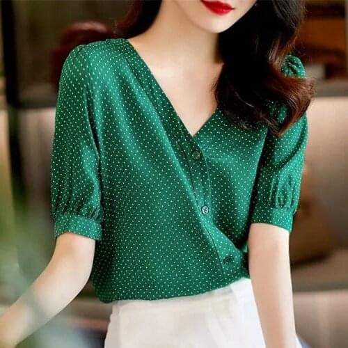 Green polka dots, more charming, mulberry silk top long sleeve summer tops for women 2020 woman tshirts Regular