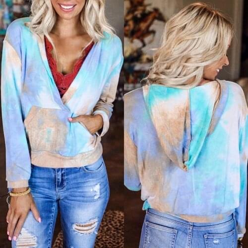 Womens Tie-dye Printing V-neck Long Sleeve Pocket Hooded Sweatershirts Blue Hoodies