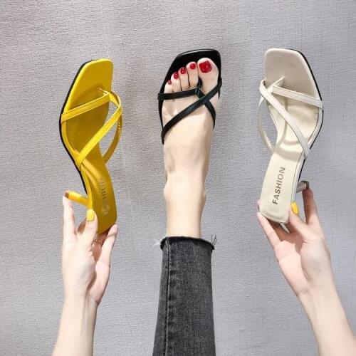 Narrow Band Vintage Sandals Women Solid Slip on High Thin Heel Sandals Women Summer Slipper Sandals Beach Slip on Women Shoes