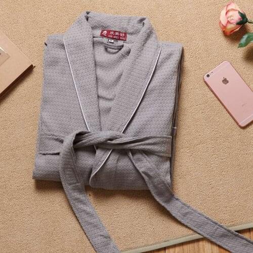 100% Cotton Women Bathrobe Kimono Robe hotel bathrobe Spring Summer Autumn Waffle Couples bath robe Nightgown Pajamas Grey