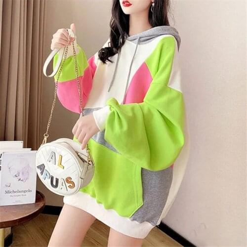 Womens Sweatshirt Spring and Autumn New Stitching Contrast Color Hooded Sweater Long-sleeved Loose Fashion Commuter Top ZM108