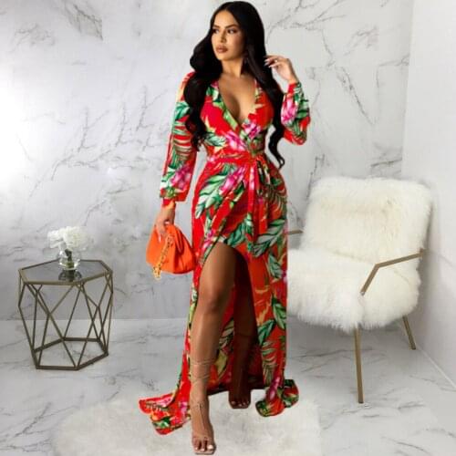 2021 Autumn Women Bohemian Long Sleeve V-neck High Slit Dresses Sexy Bandage Sashes Maxi Dress Fashion Night Party Dress