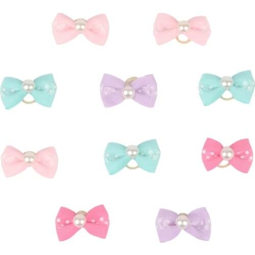 10pcs Dog Bows Hair Grooming Accessories White-dotted Ribbon Bowknot with Semi Pearl Topknots for Long Hair Dogs Puppy Yorkshire