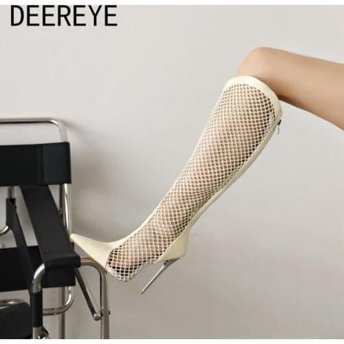 12CM Patent Leather Womens Summer Stiletto Mesh High Heel Knee Boots Pointed Toe Back Zipper White Black For Ladies Size 33-48