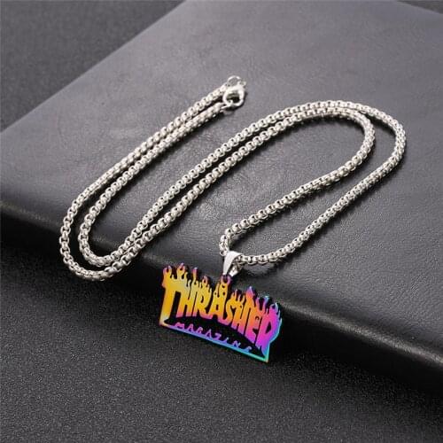 2021 New Fashion Street Hip-Hop Rock Jewerly Men Women Stainless Steel Quenched Letter Magazine Flame Pendant Necklaces