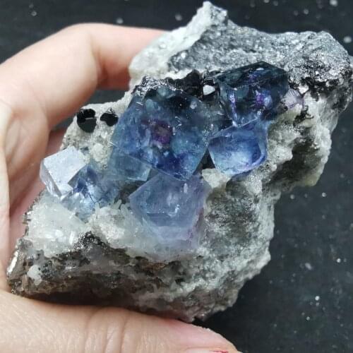 265gNatural blue purple fluorite and wolframite symbiotic mineral specimen healing crystal home decoration quartz gem collection