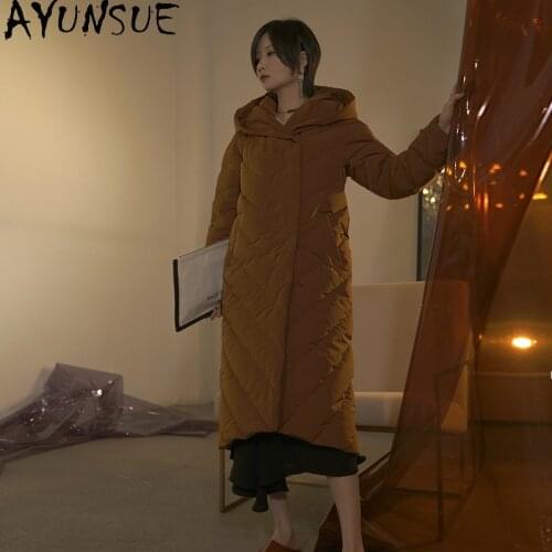 AYUNSUE Womens Down Jacket Long Coat Female Jacket 90% White Duck Down Coats Warm Winter Hooded Women Parkas Mujer Chaqueta 45