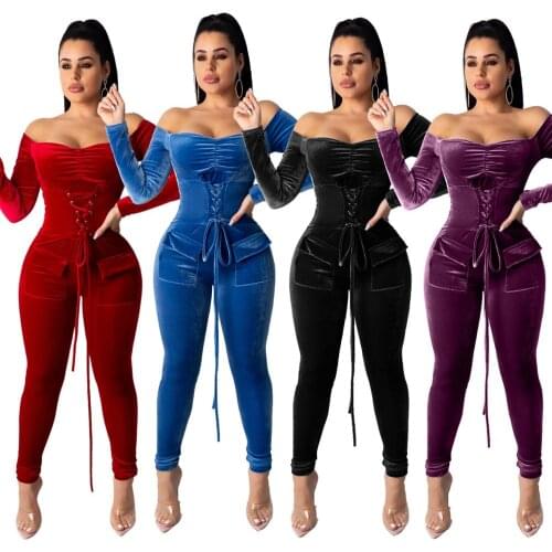 Velvet Jumpsuit Rompers Elegant Womens Bandage Overalls Long Sleeve Warm Night Party Winter Jumpsuit Sexy Off Shoulder