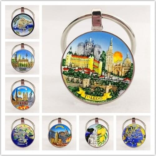 Charm 25MM Keychain Europe Mediterranean Greece Spain France Glass Drawing Keychain Men and Women Jewelry Gifts
