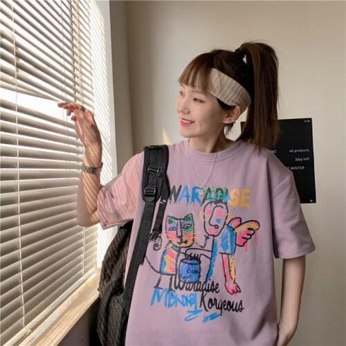 Lazy Loose Graffiti Print Tshirt Womens T-shirts Tops Japanese Kawaii Ladies Ulzzang Female Korean Harajuku Clothes For Women