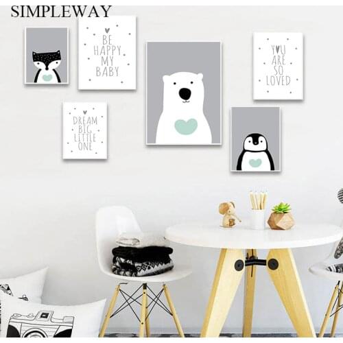 Penguin Polar Bear Cartoon Animal Painting Nursery Quotes Poster Canvas Print Wall Art Picture Nordic Kids Baby Bedroom Decor