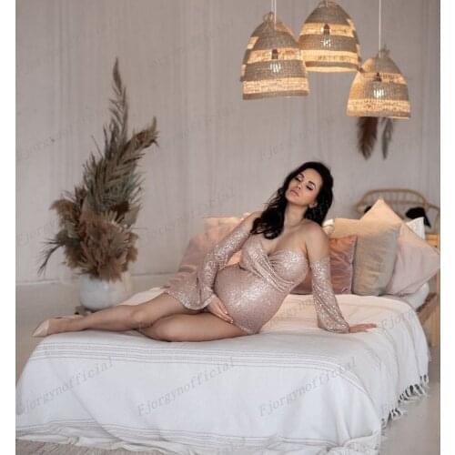 Sexy Sequins Maternity Jumpsuits for Photoshoot Off Shoulder Long Sleeve Combinaison Femme Short Jumpsuits Zipper Back