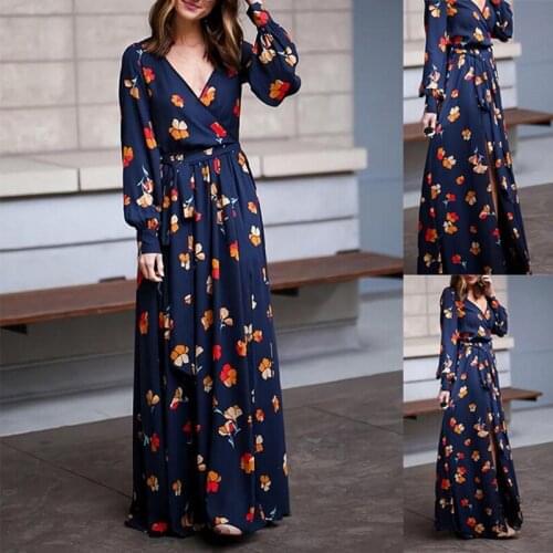 2021 Hot Autumn and Winter Rabbit Fur Long-Sleeved V-Neck High-Waist Plaid Floral Print Dress