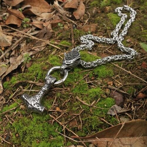 Men stainless steel necklace viking wolf head with thors hammer mjolnir necklace pendan norse talisman jewelry