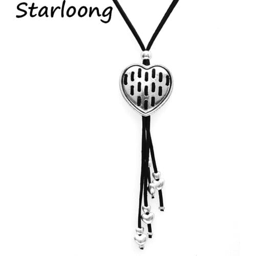 New latest Vintage Jewelry alloy heart rectangle hollow tassel pendant genuine leather chain necklace women men jewelry
