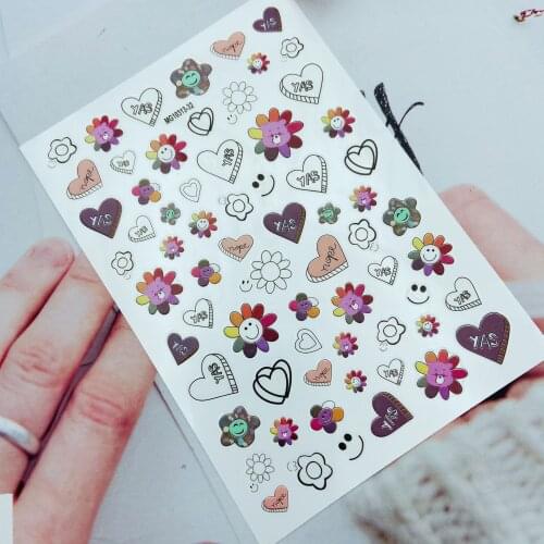 Fashion New Arrival Hot Selling 3d DIY Nail Stickers Light Thin Traceless Fingernail Decals Back Glue Adhesive Smiles Sunflowers